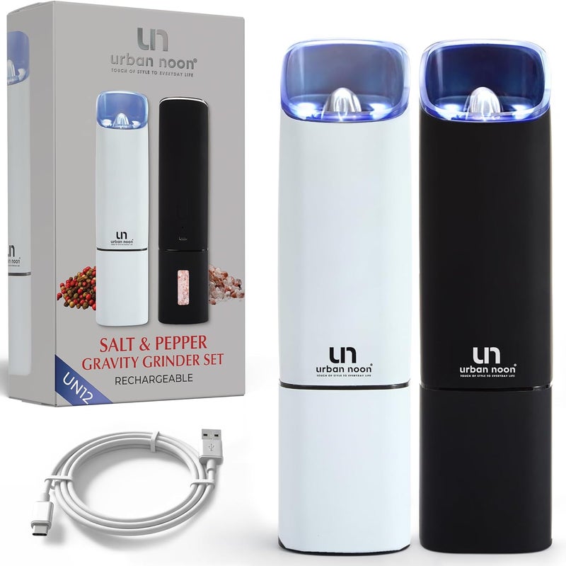 urban noon Automatic Salt and Pepper Grinder Set - Rechargeable Electric Salt and Pepper Shakers with Adjustable Coarseness, LED Light, One-Handed Use, Gravity Salt Grinder and Electric Pepper Mill - Image 1